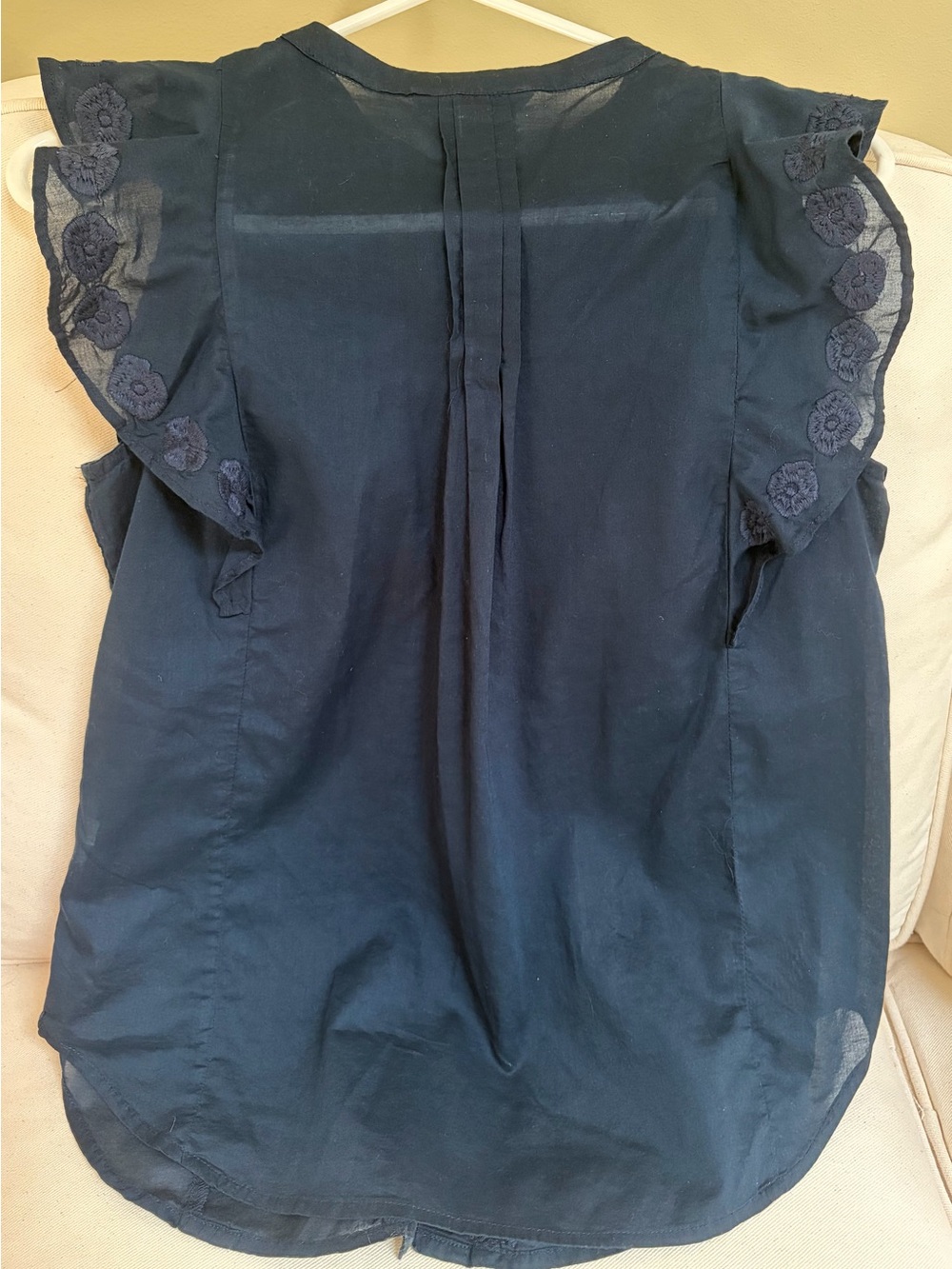 J. Crew Navy Embroidered Ruffle Button-Front Sleeveless 100% Cotton Blouse - Picture 5 of 7